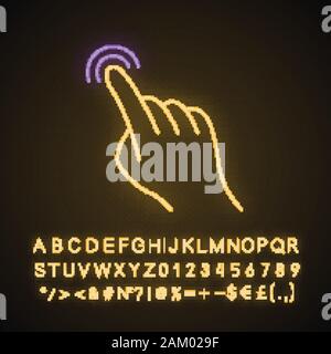 Touchscreen Geste Neonlicht Symbol. Tippen Sie auf und zeigen, klicken, doppelt antippen, ziehen, doppelklicken Sie gestikulierte. Über sensorische Geräte. Leuchtende Zeichen mit Alphabet, n Stock Vektor