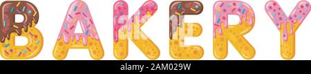 Donut cartoon Bäckerei Keks bold Font Style. Glasierte Großbuchstaben. Verlockend, flachen Design und Typografie. Cookies, Schokolade schreiben. Weißer Hintergrund. P Stock Vektor