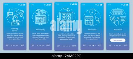 Reinigungsservice buchung Onboarding mobile App Seite Bildschirm vektor Vorlage. Bereinigung unternehmen. Online-Formular ausfüllen. Exemplarische Vorgehensweise website Schritte, lineare il Stock Vektor