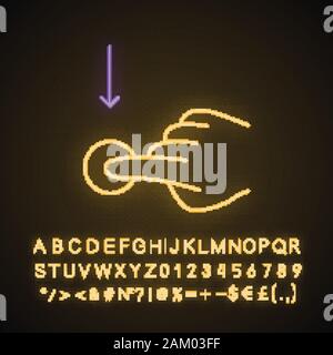 Vertikaler Bildlauf nach unten gestikulieren Neonlicht Symbol. Touchscreen Geste. Tippen Sie auf und zeigen, klicken. Über sensorische Geräte. Leuchtende Zeichen mit Alphabet, Zahlen und Stock Vektor