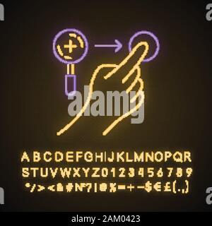 Zoom in horizontale Geste Neonlicht Symbol. Touchscreen mit Gesten. Tippen Sie auf und zeigen, klicken. Über sensorische Geräte. Leuchtende Zeichen mit Alphabet, Zahlen und s Stock Vektor
