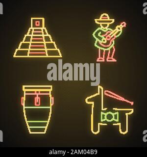 Die mexikanische Kultur Neon Licht Symbole gesetzt. Lateinamerikanischen Attraktionen und Unterhaltung. Cinco de Mayo. Mexikanische Pyramide, Gitarrist, Conga drum, Pinata Stock Vektor