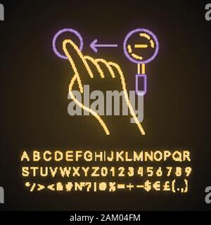 Verkleinern Sie die horizontale Geste Neonlicht Symbol. Touchscreen mit Gesten. Tippen Sie auf und zeigen, klicken. Über sensorische Geräte. Leuchtende Zeichen mit Alphabet, Zahlen und Stock Vektor