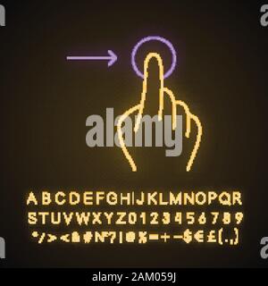 Horizontaler Bildlauf nach rechts Gestik Neonlicht Symbol. Touchscreen Geste. Tippen Sie auf und zeigen, klicken. Über sensorische Geräte. Leuchtende Zeichen mit Alphabet, Zahlen Stock Vektor