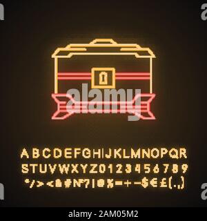 Holz- schatzkiste Neonlicht Symbol. Pirates Chest geschlossen. Holz- mitgift ein. Leuchtende Zeichen mit Alphabet, Zahlen und Symbolen. Vektor isoliert illust Stock Vektor