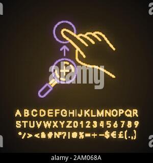 Zoom in vertikaler Gestik Neonlicht Symbol. Touchscreen Geste. Tippen Sie auf und zeigen, klicken. Über sensorische Geräte. Leuchtende Zeichen mit Alphabet, Zahlen und Sym Stock Vektor