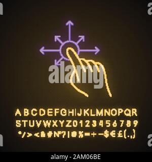 Touchscreen Geste Neonlicht Symbol. Tippen Sie auf und zeigen, klicken, ziehen und gestikulierte. Ziehen Sie den Finger alle Richtungen. Über sensorische Geräte. Leuchtende Zeichen mit Alphabet, Stock Vektor
