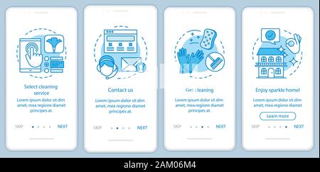 Reinigungsservice buchung Onboarding mobile App Seite Bildschirm, lineare Konzepte. Home cleanup Planung. Vier exemplarische Vorgehensweise Schritte grafische Anweisungen. UX, Stock Vektor