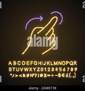 Nach rechts streichen Gestik Neonlicht Symbol. Touchscreen Geste. Die menschliche Hand und Finger. Tippen Sie auf und zeigen, klicken. Über sensorische Geräte. Leuchtende Zeichen mit Alphab Stock Vektor