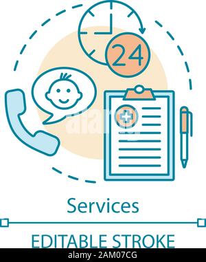 Services Konzept Symbol. 24-Stunden Support. Krankenschwester Pflege. Hospiz. Klinische Pädiatrie Dienstleistungen. Medizinische Hilfe Idee dünne Linie Abbildung. Vektor iso Stock Vektor