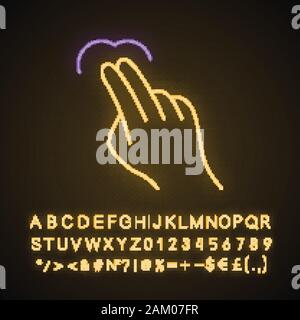 Touchscreen Geste Neonlicht Symbol. Tippen Sie auf und zeigen, klicken, doppelt antippen, ziehen, doppelklicken Sie gestikulierte. Über sensorische Geräte. Leuchtende Zeichen mit Alphabet, n Stock Vektor
