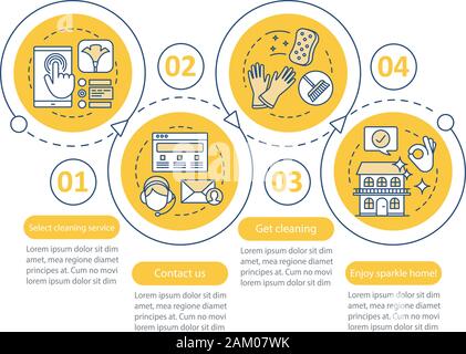 Reinigungsservice buchung Vektor Infografik Vorlage. Business Presentation Design Elemente. Bereinigung unternehmen. Daten Visualisierung, vier Schritte. Prozess Stock Vektor