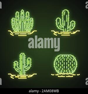 Wilden Kakteen im Neon Licht Symbole. Sukkulenten. Dornige Pflanzen. Barrel Cactus, Saguaro, mexikanische Riese, Organ Pipe Cactus. Leuchtende Zeichen. Vektor i Stock Vektor