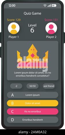 Online Quiz Spiel smartphone Schnittstelle vektor Vorlage. Mobile trivia app Seite schwarzes Design Layout. Krone. Flachbild-UI für Online Quiz Anwendung. Stock Vektor