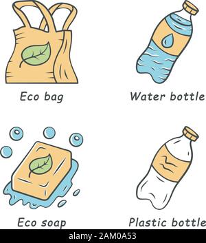 Null Abfall swaps handgefertigte farbige Symbole gesetzt. Umweltfreundliche, organischen, natürlichen, nachhaltigen Produkten. Recycling, Wertstoffe. Kunststoff- und Trinkflasche Stock Vektor