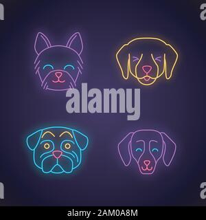 Hunde niedlich kawaii Neonlicht Zeichen. Tiere mit lächelnden Maulkörbe. Happy Yorkshire Terrier. Lustige Emoji, emoticon eingestellt. Leuchtende Symbole mit Alphabet, Stock Vektor