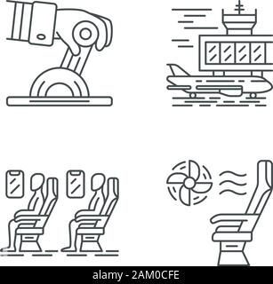 Aviation Services lineare Symbole gesetzt. Ebene. Flugzeug bequeme Sitzgelegenheiten. Passagiere, die im Salon. Thin Line Kontur Symbole. Isoliert Stock Vektor