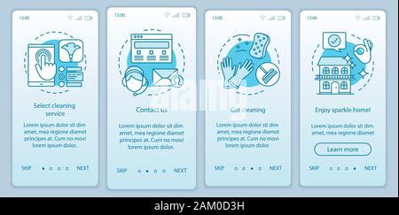 Reinigungsservice buchung Onboarding mobile App Seite Bildschirm, lineare Konzepte. Vier exemplarische Vorgehensweise Schritte grafische Anweisungen. Bereinigung unternehmen. Sparkle hom Stock Vektor