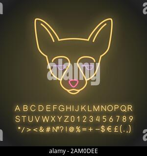 Chihuahua niedlich kawaii Neonlicht Charakter. Hund mit unamused Schnauze. Tier mit Augen zu Seite. Lustige Emoji, emoticon. Leuchtende Symbol mit Alpha Stock Vektor