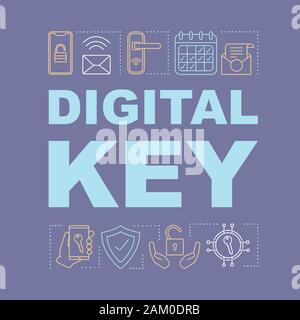 Digitalen Schlüssel Wort Konzept Banner. Wireless, schlüssellose Vorhängeschloss. NFC smart Türschloss. Präsentation, Website. Isolierte Typografie mit linearen Symbolen. Fernbedienung Stock Vektor