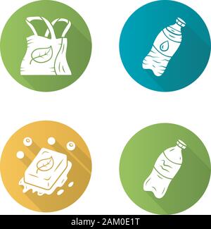 Null Abfall swaps handgefertigte flache Bauweise lange Schatten Glyphe Symbole gesetzt. Umweltfreundliche, nachhaltige Produkte. Recycling, Wertstoffe. Kunststoff wasser Bott Stock Vektor