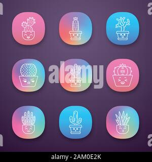 Kakteen App Icons einstellen. Pflanzen mit lächelnden Gesichtern. Lachend Saguaro und Peyote Kaktus. Küssen zebra Kakteen in Töpfen. UI/UX-Benutzeroberfläche. Web oder Mobil Stock Vektor
