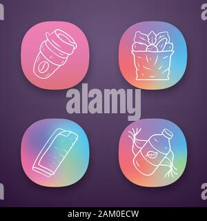 Null Abfall swaps handgefertigte App Icons einstellen. Umweltfreundliche, nachhaltige Produkte. Wiederverwendbare Kaffeetasse, eco Shampoo, Tasche. UI/UX-Benutzeroberfläche. Web oder Mobil Stock Vektor
