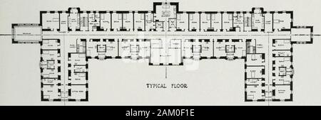 Die American Hospital des zwanzigsten Jahrhunderts; eine Abhandlung über die Entwicklung der medizinischen Institutionen, sowohl in Europa als auch in Nordamerika, seit Beginn des gegenwärtigen Jahrhunderts. Abb. 65. Grundriss und Planen von typischen - ROSS PAVILLON, Royal Victoria Hospital in Montreal, Kanada. Stevens & Lee und Kenneth G. Rea, Architekten. Abb. 66. Typische - Royal Victoria Hospital, ROSS Pavillon. 54 DIE AMERIKANISCHE KRANKENHAUS Stockfoto