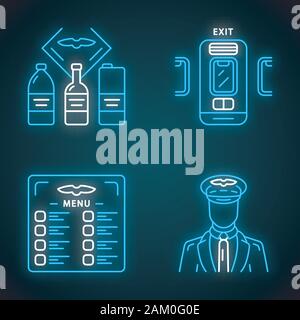 Aviation Services Neon Licht Symbole gesetzt. Flug Menü und Getränke, Pilot, Jet Sicherheit, Notausgang. Flugzeug reisen. Reise Annehmlichkeit. Airline Einrichtungen Stock Vektor