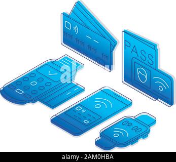 NFC-Technologie isometrische Color Vector Illustration. Bargeldlose elektronische Zahlungen lineare Symbole Infografik. Kontaktlose Transaktionen 3d Konzept. In der Nähe von f Stock Vektor