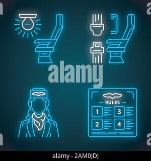 Aviation Services Neon Licht Symbole gesetzt. Flight Rules, Sitz Licht, Flugzeug bequeme Sitzmöbel, Stewardess. Jet Sicherheit. Flugzeug reisen. Airline. Gl Stock Vektor