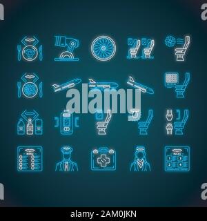 Aviation Services Neon Licht Symbole gesetzt. Flugzeug bequeme Sitzgelegenheiten. Passagiere im Flugzeug Salon. Jet Sicherheit. Flugzeug reisen. Reise Annehmlichkeiten. Glo Stock Vektor
