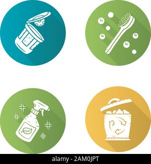 Null Abfall swaps handgefertigte flache Bauweise lange Schatten Glyphe Symbole gesetzt. Umweltfreundliche, nachhaltige Produkte. Umweltfreundliche Reinigungsmittel, wiederverwendbare k-Schale, natürliche Stock Vektor