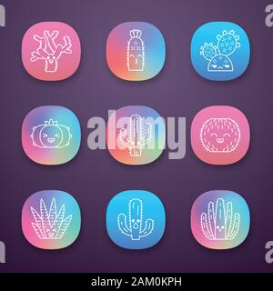 Kakteen App Icons einstellen. Pflanzen mit lächelnden Gesichtern. Laughing barrel und Peyote Kakteen. Küssen hedgehog wilden Kakteen. UI/UX-Benutzeroberfläche. Web- oder Mobi Stock Vektor