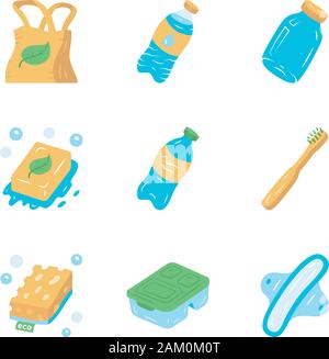 Null Abfall swaps handgefertigte flache Bauweise lange Schatten farbige Symbole gesetzt. Umweltfreundlich, biologisch, nachhaltige Produkte. Recycling von Materialien. Reusa Stock Vektor