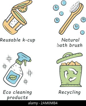 Null Abfall swaps handgefertigte farbige Symbole gesetzt. Umweltfreundliche, ökologische, nachhaltige Produkte. Recycling von Materialien. Umweltfreundliche Reinigungsmittel, wiederverwendbare k-Schale, na Stock Vektor