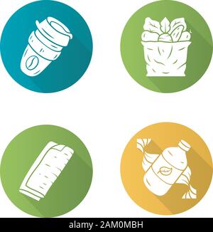 Null Abfall swaps handgefertigte flache Bauweise lange Schatten Glyphe Symbole gesetzt. Umweltfreundliche, Recycling, nachhaltige Produkte. Wiederverwendbare Kaffeetasse, eco Shampoo, clot Stock Vektor