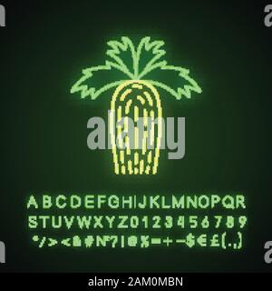 Kalifornien fan palm Neonlicht Symbol. Washingtonia filifera. Wüste Baum. Uns exotische Pflanze. Leuchtende Zeichen mit Alphabet, Zahlen und Symbolen. Vektor isol Stock Vektor