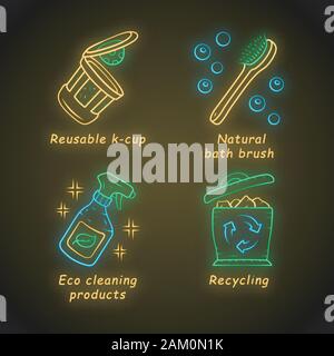 Null Abfall swaps handgefertigte Neon Licht Symbole gesetzt. Umweltfreundliche, nachhaltige Produkte. Recycling von Materialien. Umweltfreundliche Reinigungsmittel, wiederverwendbare k-Schale, Badewanne b Stock Vektor