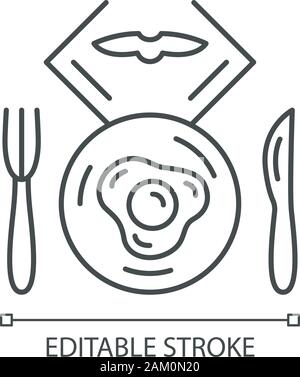 Flug Frühstück lineare Symbol. Spiegelei an der Platte. Flugzeug essen. Besteck. Ebene Mittagessen. Jet-Menü. Dünne Linie Abbildung. Kontur Symbol. Vektor isolat Stock Vektor