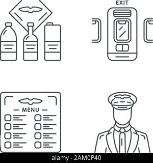 Aviation Services lineare Symbole gesetzt. Flug Menü und Getränke, Pilot, Jet Sicherheit, Notausgang. Flugzeug reisen. Thin Line Kontur Symbole. Isoliert Stock Vektor