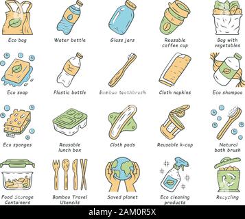 Null Abfall swaps handgefertigte farbige Symbole gesetzt. Organische, nachhaltige Produkte. Wiederverwendbare, Recycling, umweltfreundliche Materialien. Eco Beutel, Seife, shampo Stock Vektor