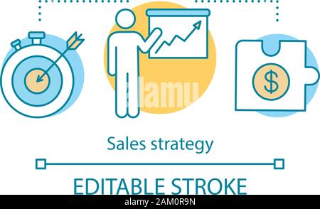 Vertriebsstrategie Konzept Symbol. Unternehmen strategische Plan Idee dünne Linie Abbildung. Gezielte Kundenansprache. Daraus wertvolles Produkt. Ve Stock Vektor