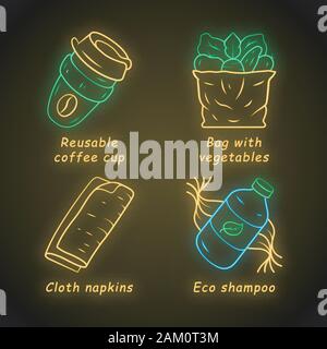 Null Abfall swaps handgefertigte Neon Licht Symbole gesetzt. Umweltfreundliche, nachhaltige Produkte. Wiederverwendbare Materialien. Wiederverwendbare Kaffeetasse, eco Shampoo, Tuch Serviette Stock Vektor