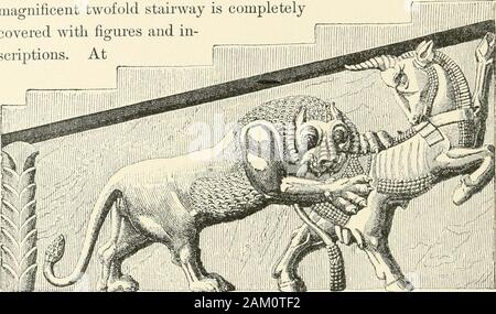 Eine Historie aller Nationen, die von den frühesten Zeiten; keine universelle historische Bibliothek. ragments offensichtlich ist, dass die Hauptstadt zwei Stiere unterstützt, zwischen denen das Dach Holzbalken geruht. Diese asiatischen Motiv von thebulls ist in Delos, wo eine Spalte mit einem fnie Teil n, bullon außen gefunden entspricht der Dorischen seini - tolumn der in - 192 den ACHAEMENIDAE. terior, und darüber hinaus die Metopen mit einem Bulls Head bereitgestellt werden. Das gleiche Motiv ist mit wieder in der Höhle von Karli in Indien. In der östlichen Vorhalle, Monstern, den Ort der Stiere nehmen als das sup-Ports der Dach-Balken. Von r Stockfoto
