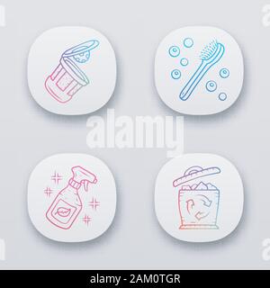 Null Abfall swaps handgefertigte App Icons einstellen. Umweltfreundliche Produkte. Umweltfreundliche Reinigungsmittel, wiederverwendbare k-Schale, Badewanne Bürste. UI/UX-Benutzeroberfläche. Web oder Mobil Stock Vektor