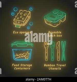 Null Abfall swaps handgefertigte Neon Licht Symbole gesetzt. Umweltfreundliche, natiral Produkte. Recycling von Materialien. Eco Schwämme, wiederverwendbare Lunch Box, food Container. Stock Vektor