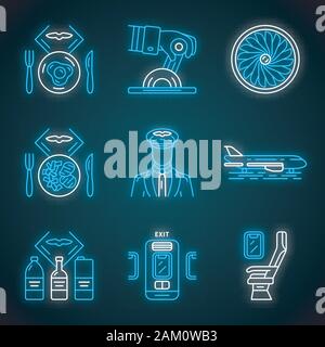 Aviation Services Neon Licht Symbole gesetzt. Pilot, Flugzeug, bequemen Sitzgelegenheiten. Flug Frühstück, Mittagessen und Getränke. Flugzeug reisen. Reise Annehmlichkeiten. G Stock Vektor
