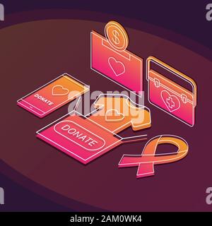 Liebe isometrische Vector Illustration. Spende lineare Symbole Infografik. Gemeinnützige Stiftung, Gemeinnützige Organisation. Ehrenamt, humanitäre h Stock Vektor
