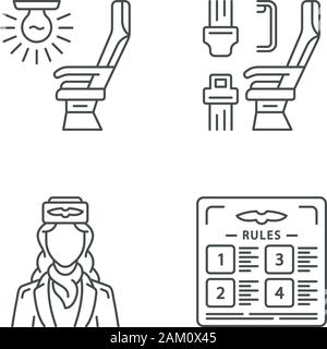Aviation Services lineare Symbole gesetzt. Flight Rules, Sitz Licht, Flugzeug bequeme Sitzmöbel, Stewardess. Jet Sicherheit. Thin Line Kontur Symbole. Isola Stock Vektor